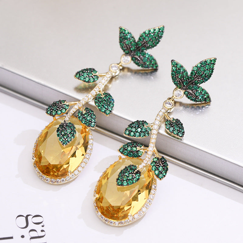 Long Micro-set Zircon Earrings Green Leaf Yellow Gemstone Earrings - FASHIONKULTUR