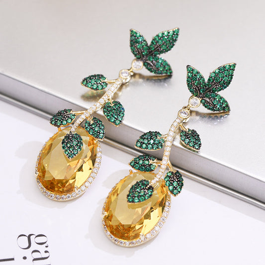 Long Micro-set Zircon Earrings Green Leaf Yellow Gemstone Earrings - FASHIONKULTUR