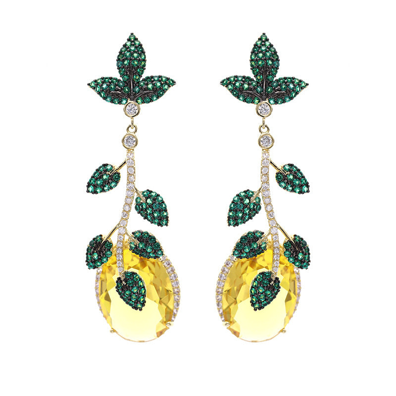 Long Micro-set Zircon Earrings Green Leaf Yellow Gemstone Earrings - FASHIONKULTUR