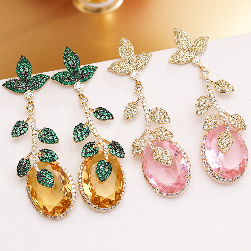 Long Micro-set Zircon Earrings Green Leaf Yellow Gemstone Earrings - FASHIONKULTUR