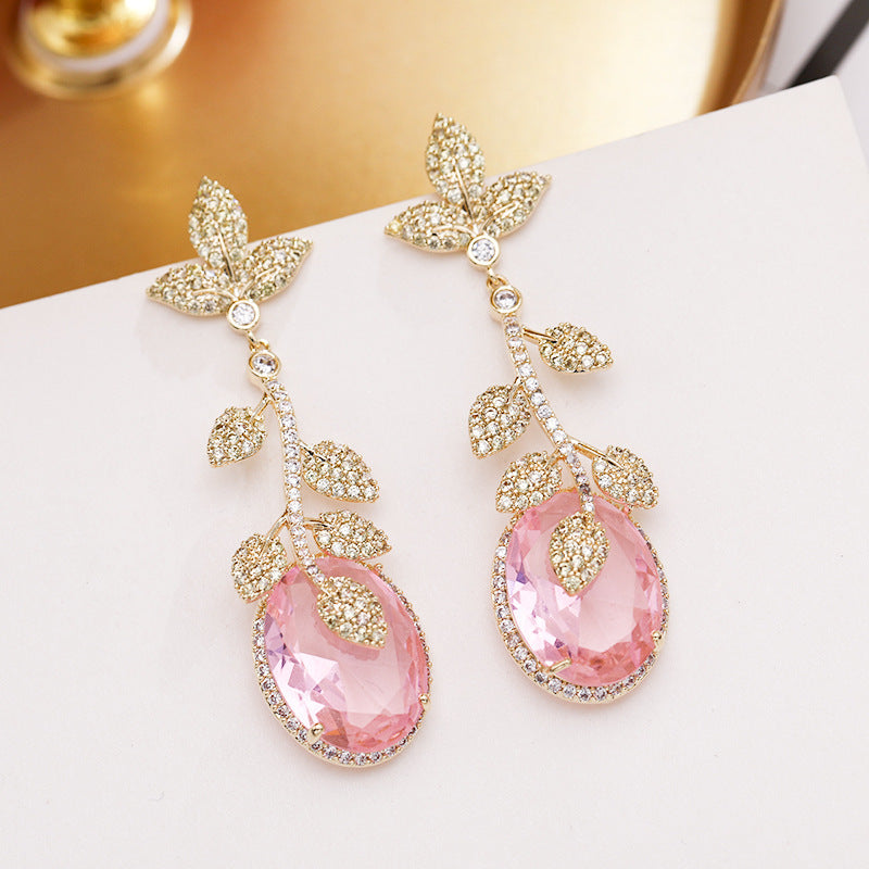 Long Micro-set Zircon Earrings Green Leaf Yellow Gemstone Earrings - FASHIONKULTUR