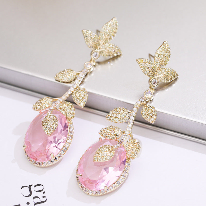 Long Micro-set Zircon Earrings Green Leaf Yellow Gemstone Earrings - FASHIONKULTUR