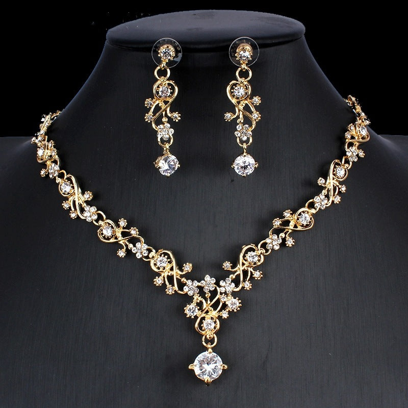 Golden Zircon Jewelry Set Bridal Necklace Earrings Wedding Two-piece Set - FASHIONKULTUR