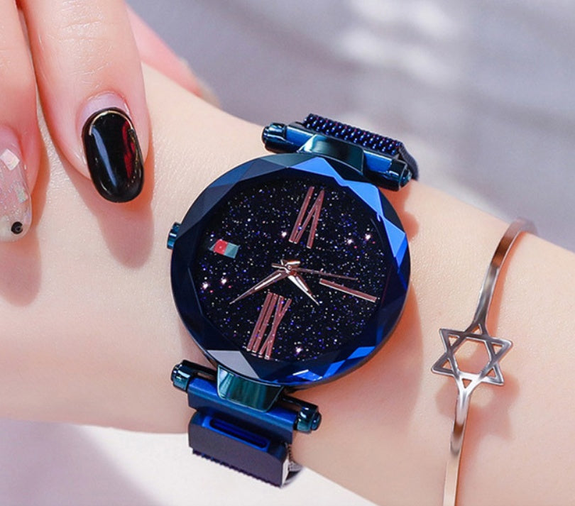 Luxury Women Watches Mesh Ladies Clock Magnet Buckle Starry Diamond Geometric Surface Quartz Wristwatch - FASHIONKULTUR