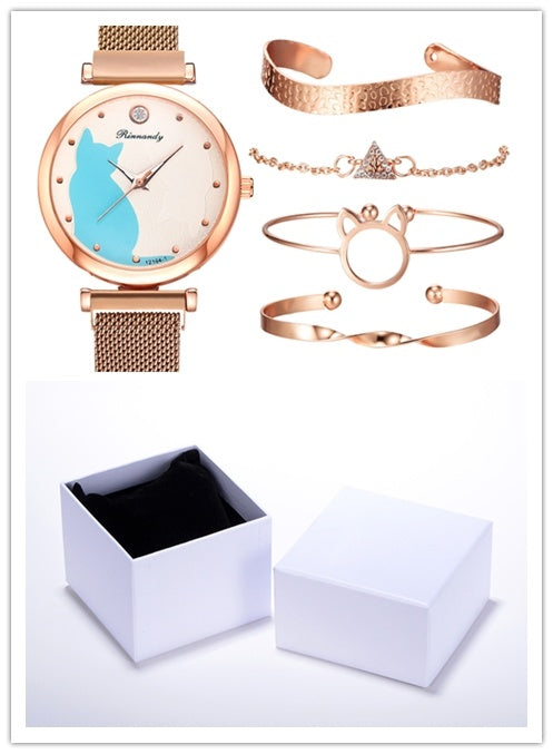 Women's cat watch bracelet set - FASHIONKULTUR