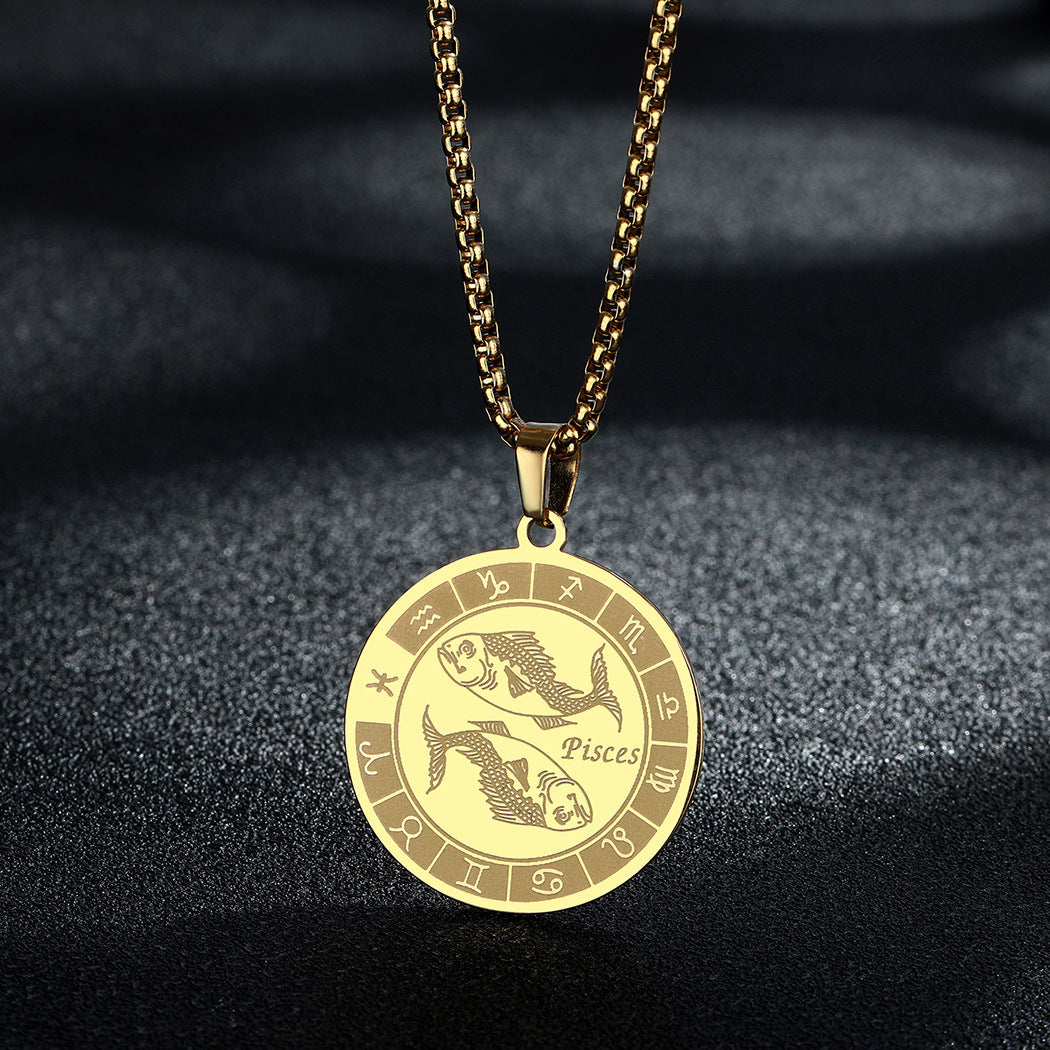 Stainless Steel Constellation Pendant Necklace Gold Medal Necklace - FASHIONKULTUR