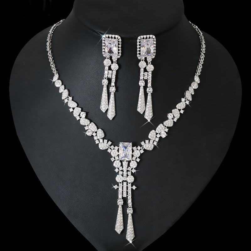 Full Diamond Flower Zircon Jewelry Suit Necklace Silver Pin Earrings - FASHIONKULTUR