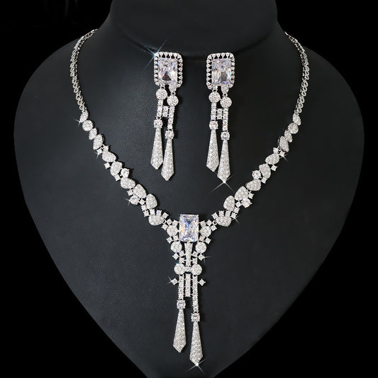 Full Diamond Flower Zircon Jewelry Suit Necklace Silver Pin Earrings - FASHIONKULTUR