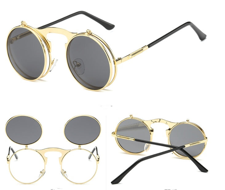 New Vintage Round Steampunk Sunglasses Flip-Up UV Protection Metal Frame Men And Women Summer Cycling Sun Glasses - FASHIONKULTUR