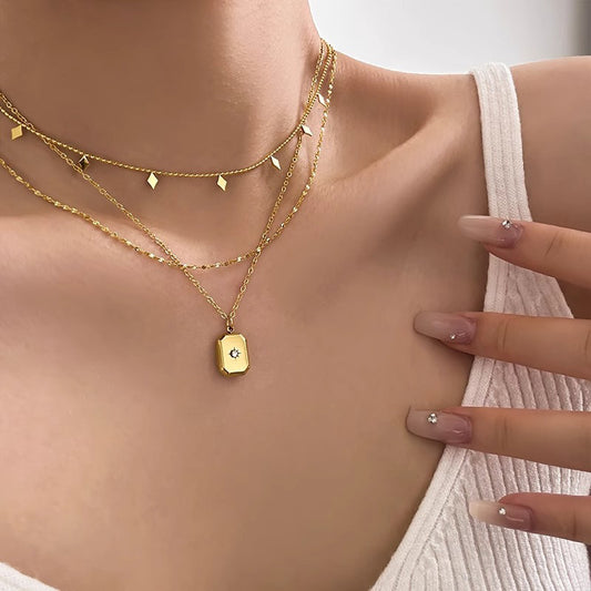 French Exquisite Double Layer Twin Diamond-shaped Sequins Titanium Steel Necklace - FASHIONKULTUR
