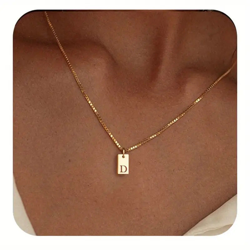 Stainless Steel Corrosion Carved 26 Letters Square Pendant Women's Necklace - FASHIONKULTUR