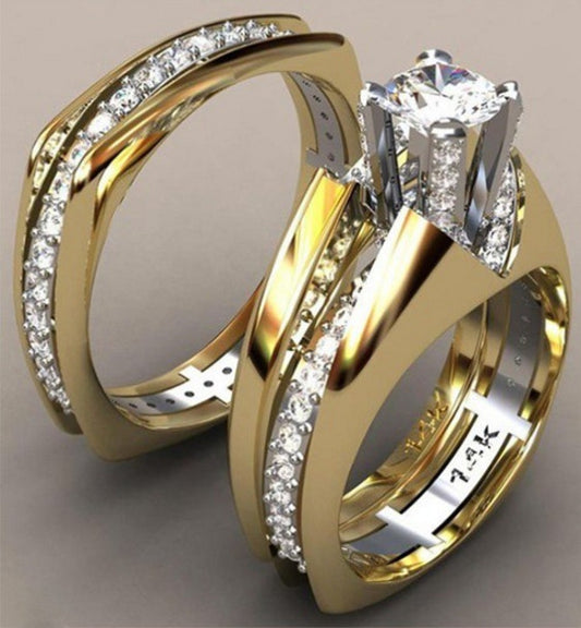 Fashion Plated 18K Gold Color Separation Simulation Diamond Ring Set - FASHIONKULTUR