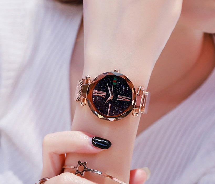 Luxury Women Watches Mesh Ladies Clock Magnet Buckle Starry Diamond Geometric Surface Quartz Wristwatch - FASHIONKULTUR
