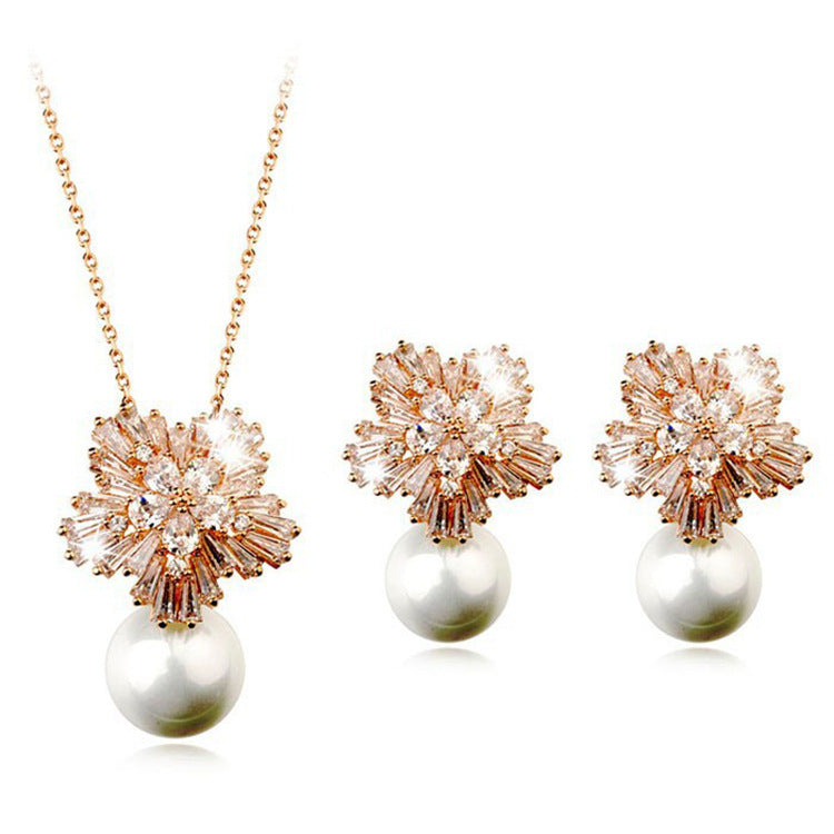 Korean temperament luxury high-grade pearl necklace earrings set with zircon jewelry micro all-match fashion bride - FASHIONKULTUR