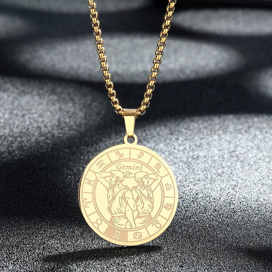 Stainless Steel Constellation Pendant Necklace Gold Medal Necklace - FASHIONKULTUR