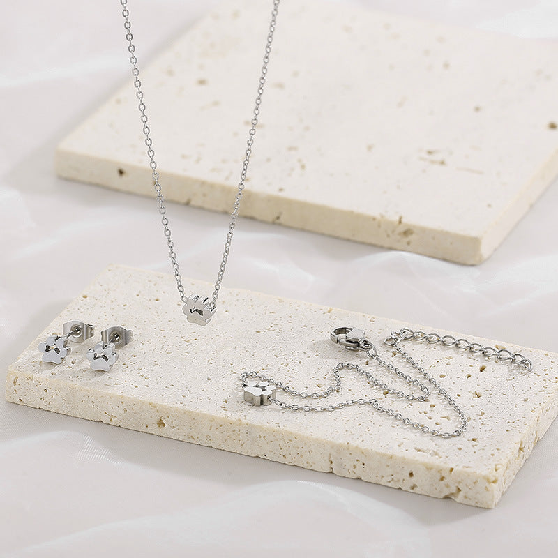 Ring Mesh Cat's Paw Stainless Steel Necklace Bracelet Cute Pet Four-piece Ring Set Jewelry - FASHIONKULTUR