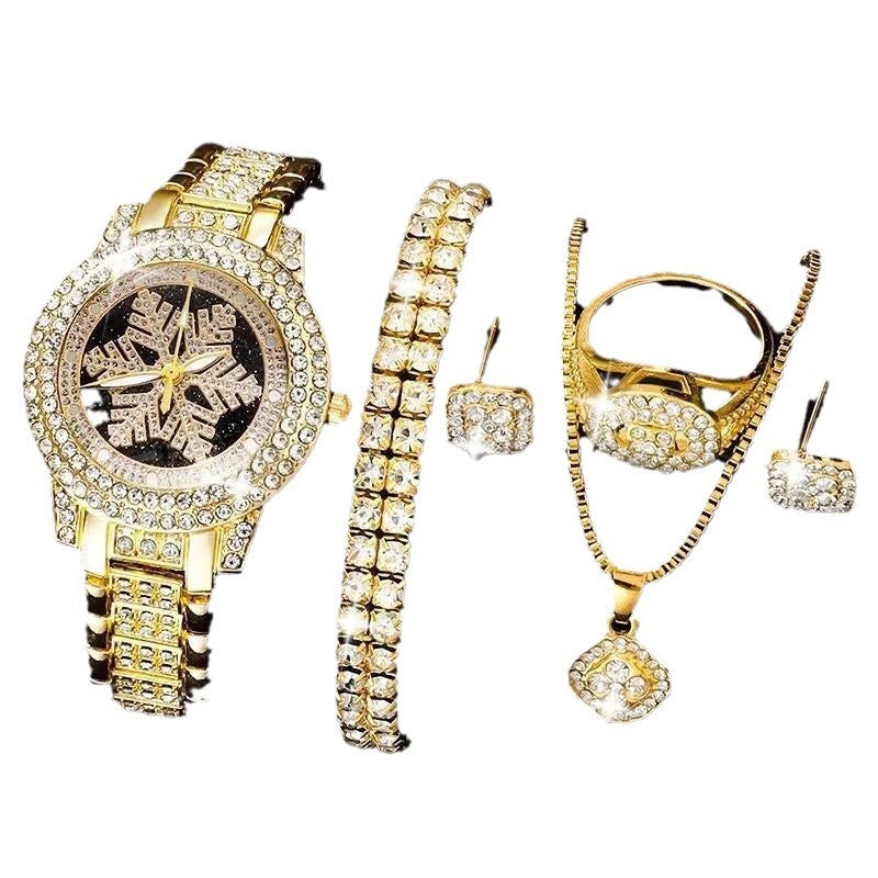 Snowflake Pattern Watch Luxury Full Rhinestone Jewelry Five-piece Set - FASHIONKULTUR