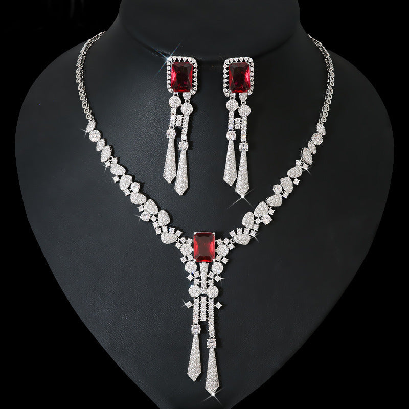Full Diamond Flower Zircon Jewelry Suit Necklace Silver Pin Earrings - FASHIONKULTUR