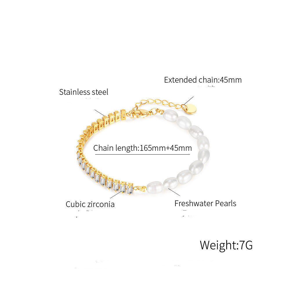 Stainless Steel Bracelet With Natural Freshwater Pearl And Chain Set Zircon - FASHIONKULTUR