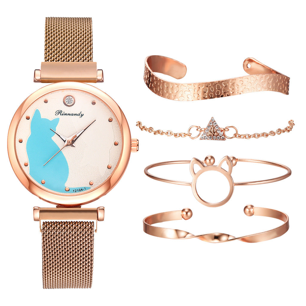 Women's cat watch bracelet set - FASHIONKULTUR