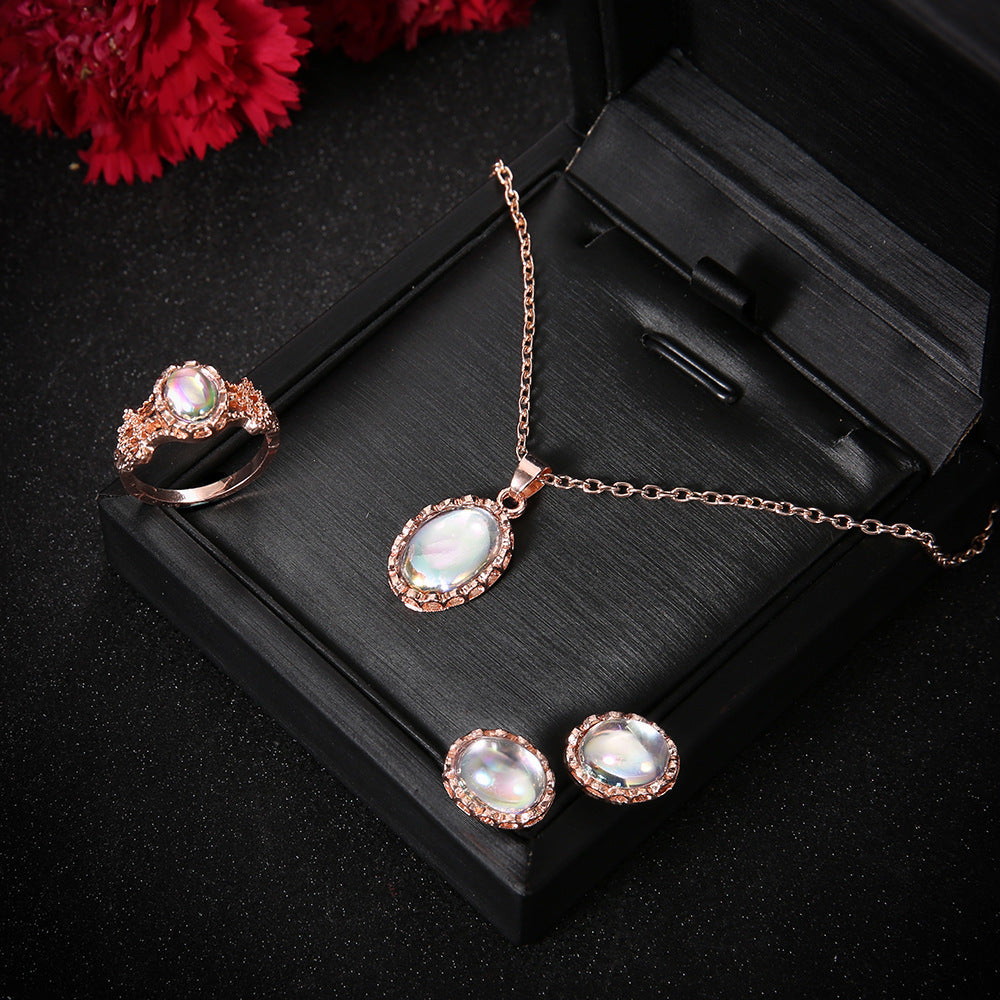 Dazzling gemstone trend jewelry set Fashion Europe and new necklace earrings ring set - FASHIONKULTUR