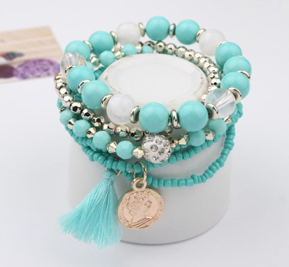 Bohemian head coin mixed color rice beads multi-layer bracelet tassel multi-layer elastic bracelet - FASHIONKULTUR