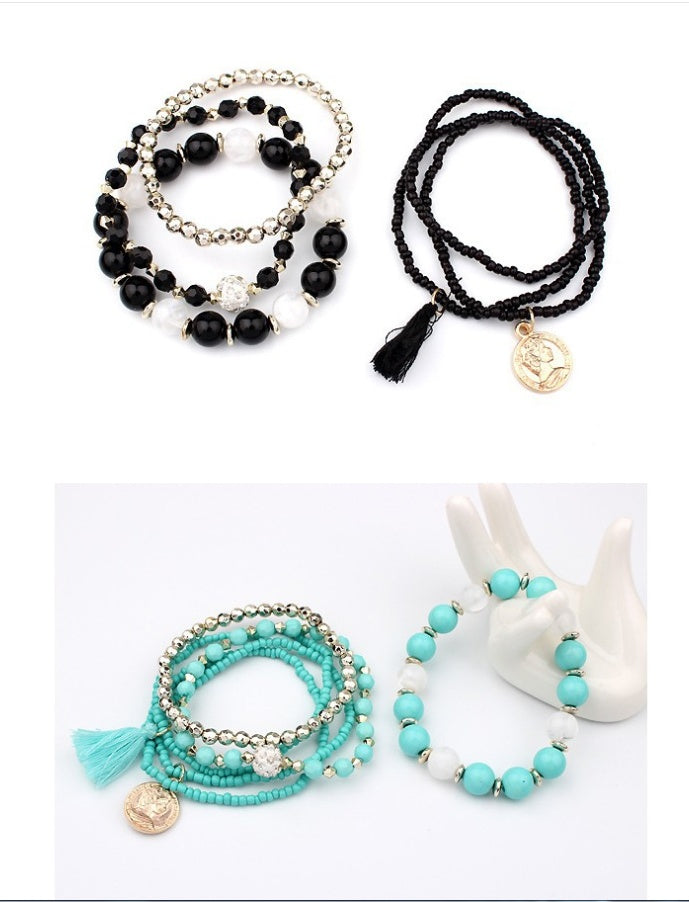Bohemian head coin mixed color rice beads multi-layer bracelet tassel multi-layer elastic bracelet - FASHIONKULTUR