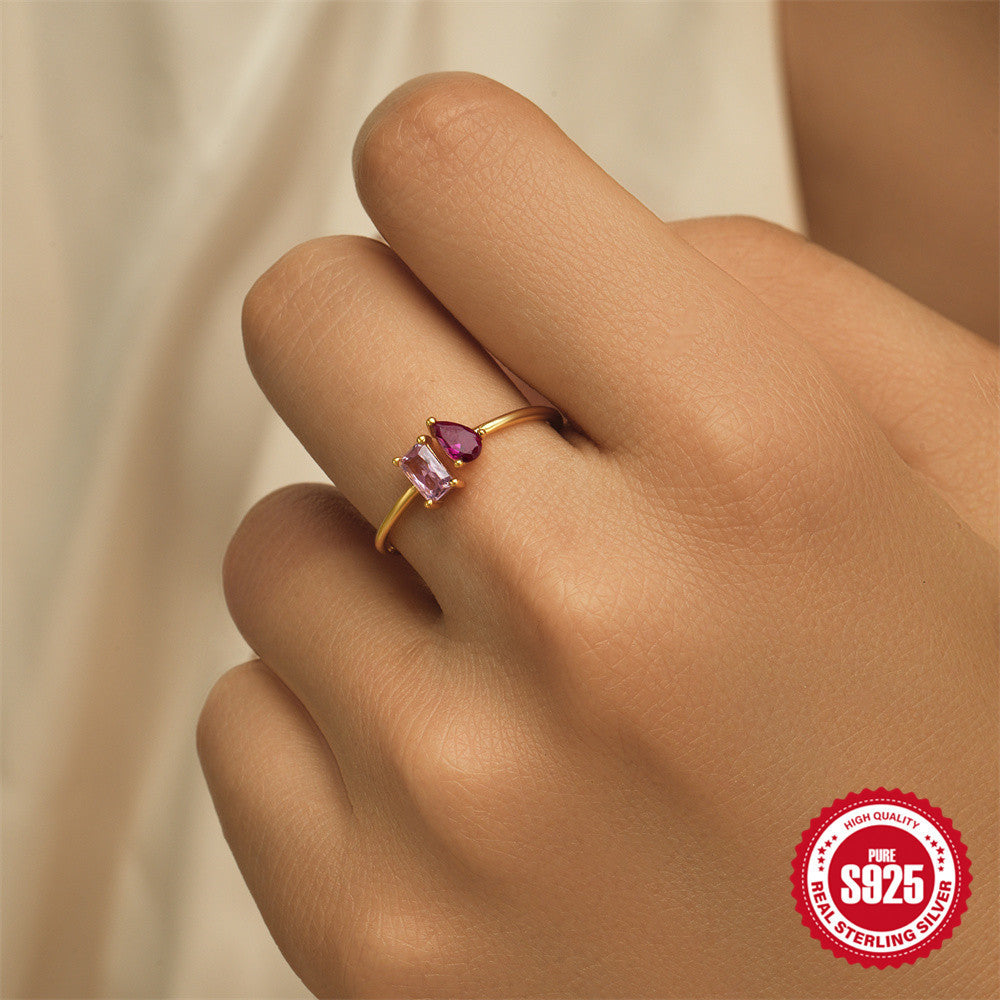 S925 Sterling Silver Square Zircon Water Drops Necklace Ring Suit - FASHIONKULTUR