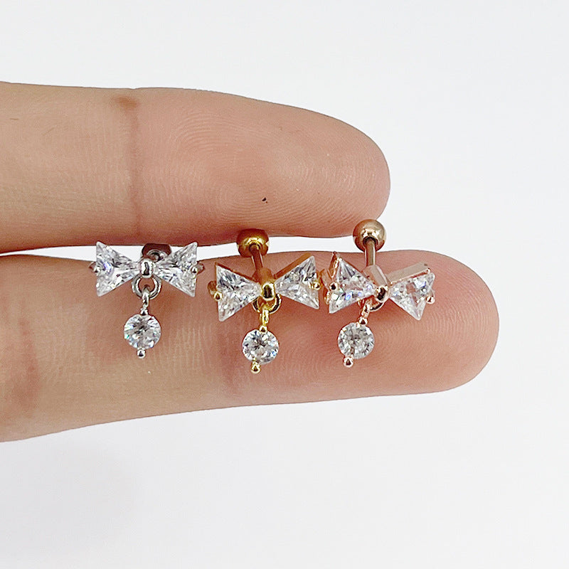 Stainless Steel Bow Pendant Zircon Stud Earrings Ear Bone Stud Piercing Ornament - FASHIONKULTUR