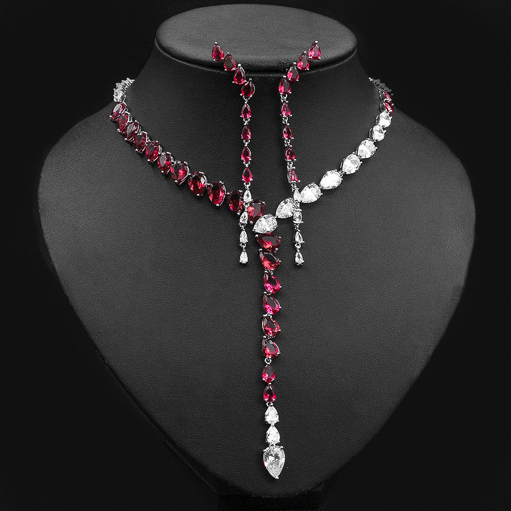 Simple Two-color Stitching Drop Heart-shaped Zircon Necklace Earrings - FASHIONKULTUR
