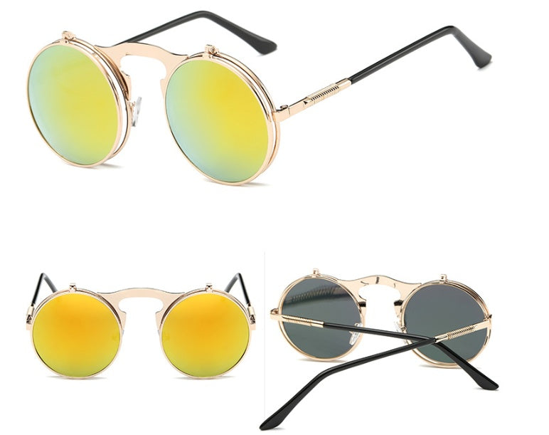 New Vintage Round Steampunk Sunglasses Flip-Up UV Protection Metal Frame Men And Women Summer Cycling Sun Glasses - FASHIONKULTUR