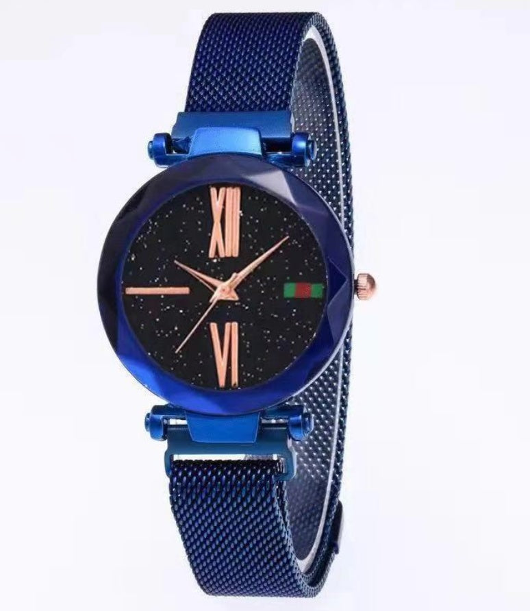 Luxury Women Watches Mesh Ladies Clock Magnet Buckle Starry Diamond Geometric Surface Quartz Wristwatch - FASHIONKULTUR