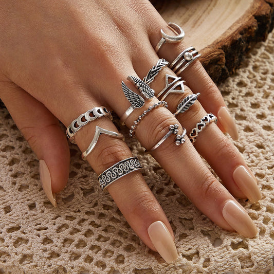 Retro Wings Triangle Moon Geometry Twelve Piece Set Ring - FASHIONKULTUR