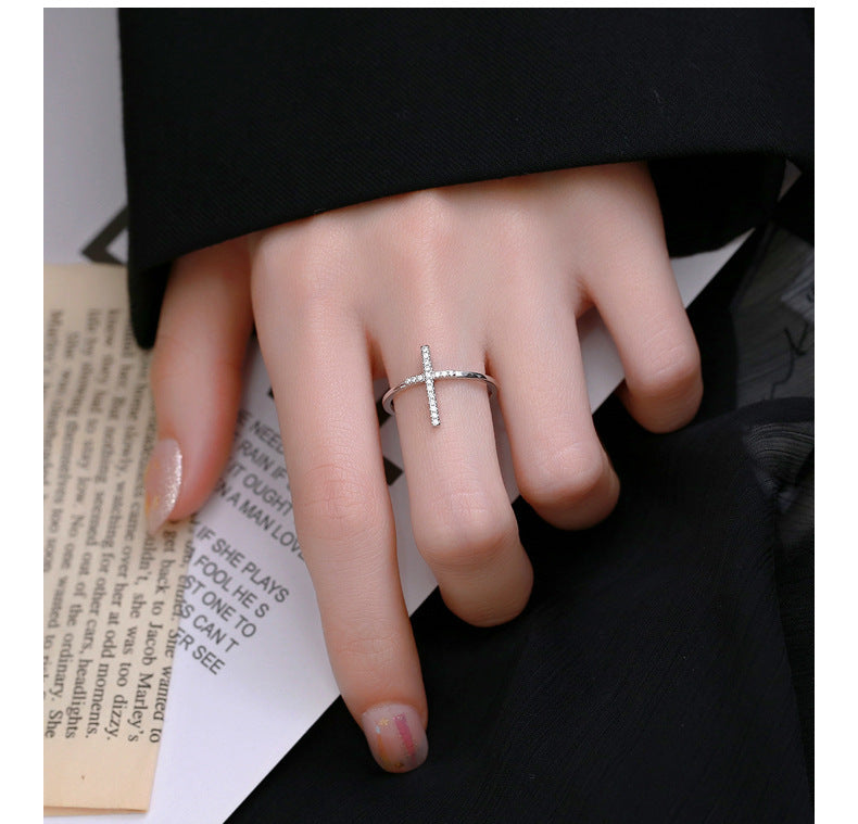 European And American Simple INS Style Cross Open Ring Female 925 Sterling Silver Niche Design - FASHIONKULTUR
