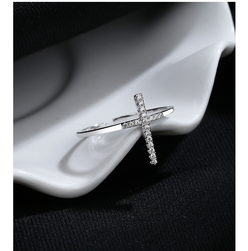 European And American Simple INS Style Cross Open Ring Female 925 Sterling Silver Niche Design - FASHIONKULTUR