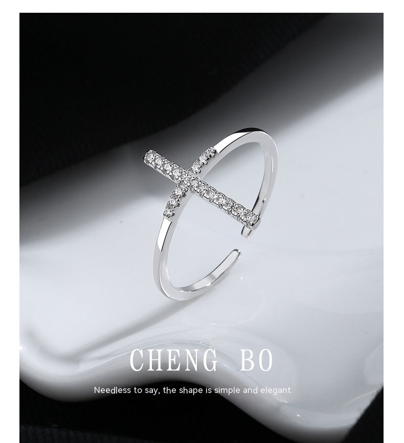 European And American Simple INS Style Cross Open Ring Female 925 Sterling Silver Niche Design - FASHIONKULTUR