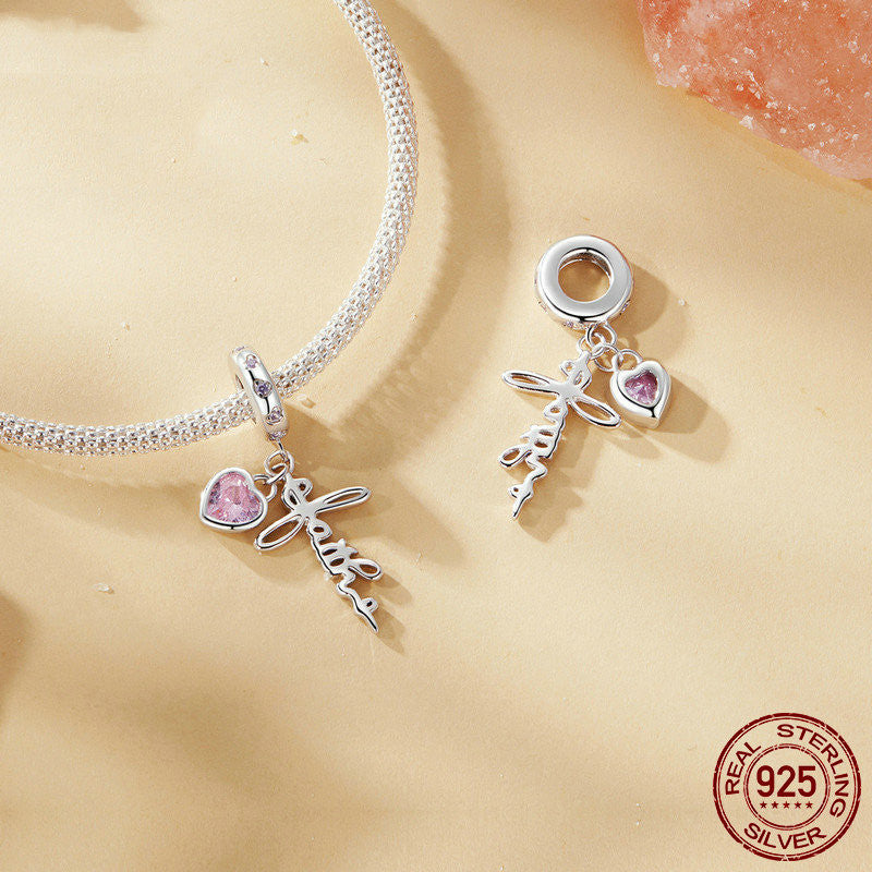 Retro Style Faith Pendant S925 Sterling Silver White Gold Plated Beaded Loose Beads - FASHIONKULTUR