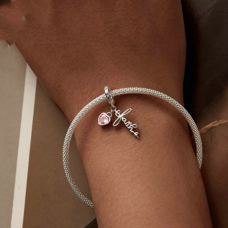 Retro Style Faith Pendant S925 Sterling Silver White Gold Plated Beaded Loose Beads - FASHIONKULTUR