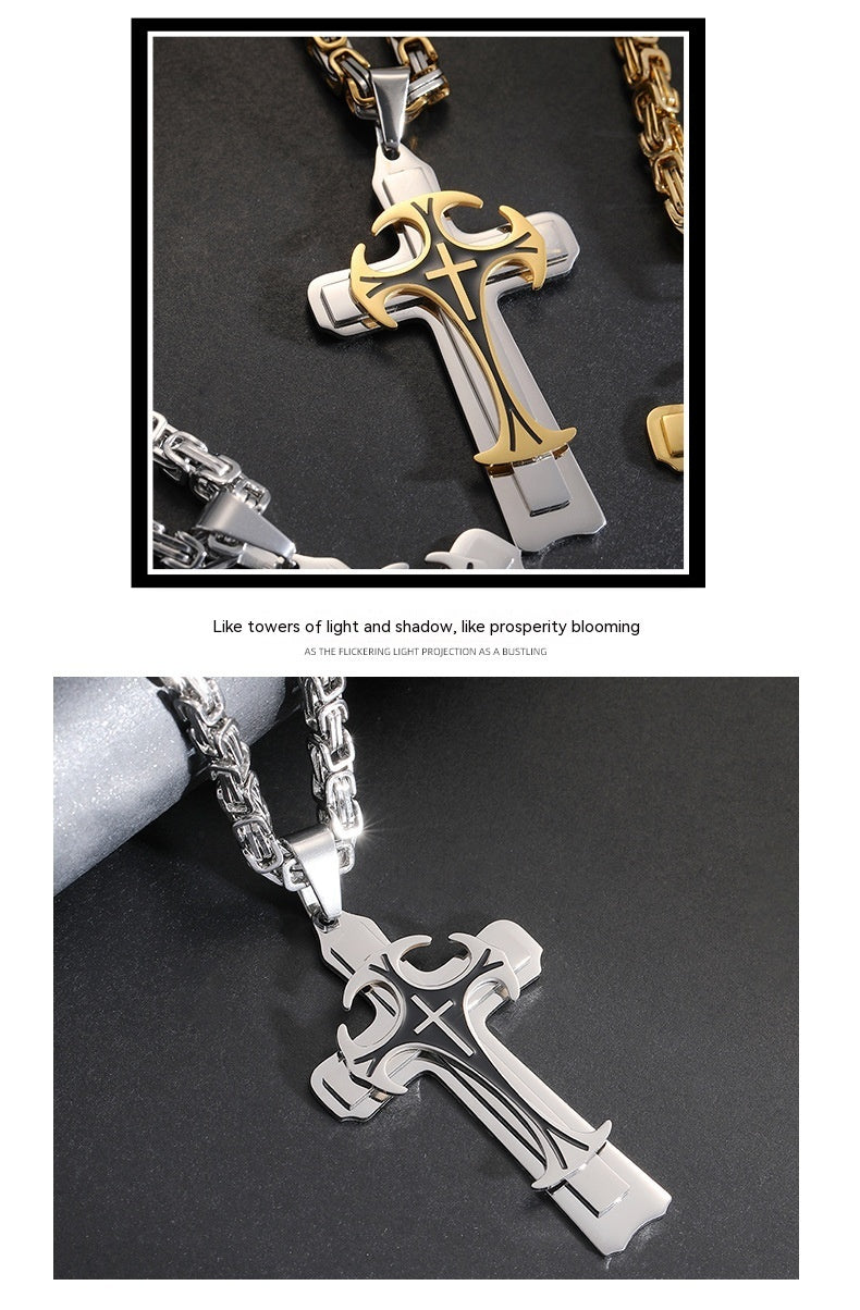 Fashion Jewelry Christian Trinity Latin Cross Necklace For Men Stainless Steel Three Layers Cross Pendants Necklaces Jewelry Gift - FASHIONKULTUR