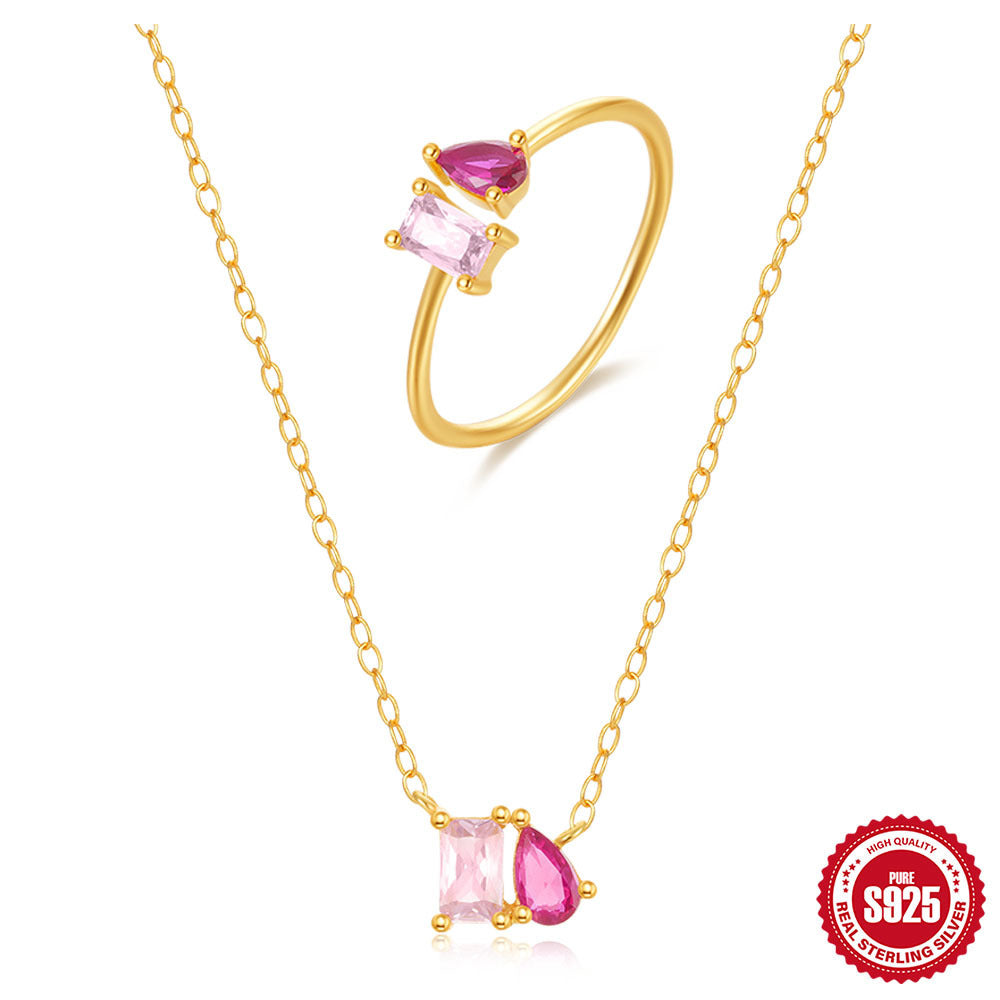S925 Sterling Silver Square Zircon Water Drops Necklace Ring Suit - FASHIONKULTUR