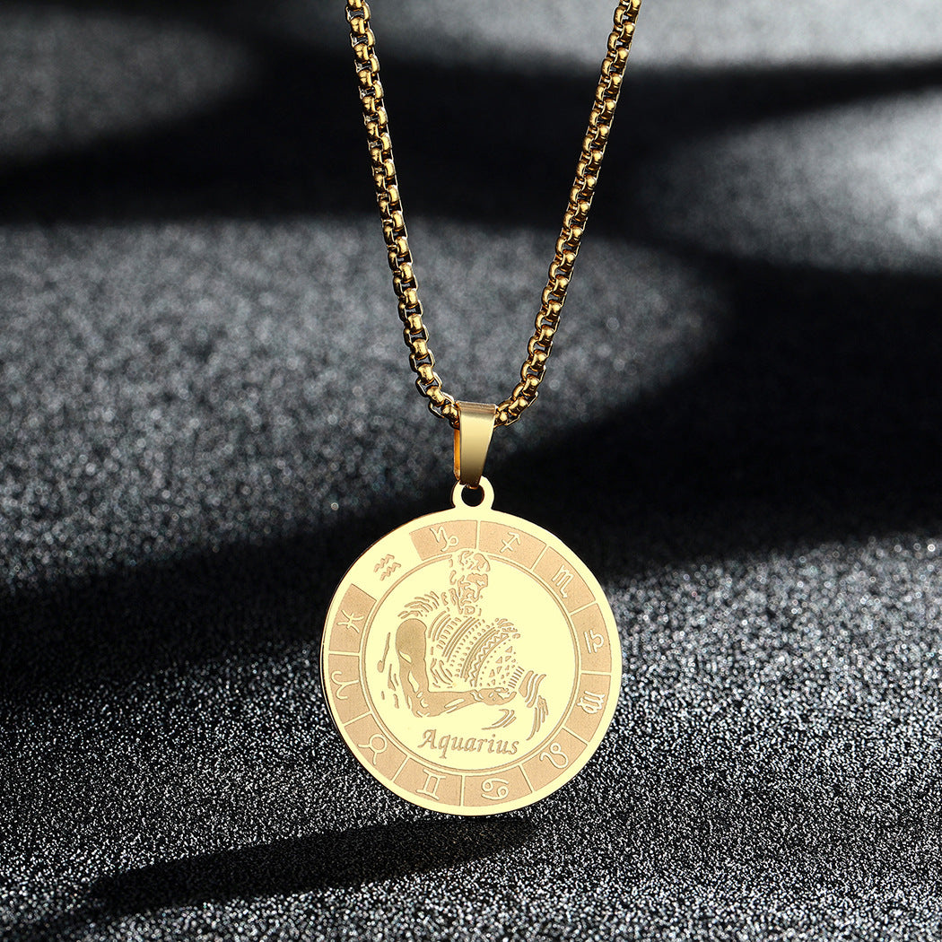 Stainless Steel Constellation Pendant Necklace Gold Medal Necklace - FASHIONKULTUR