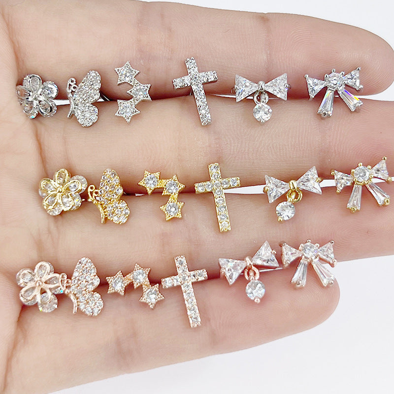 Stainless Steel Bow Pendant Zircon Stud Earrings Ear Bone Stud Piercing Ornament - FASHIONKULTUR