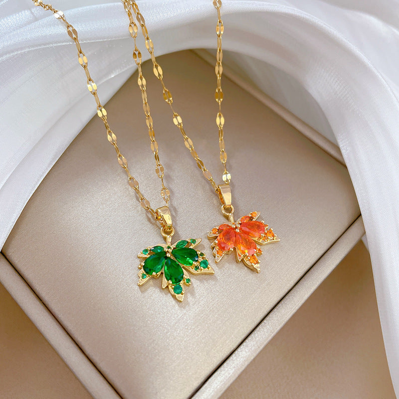 Red Maple Leaf Light Luxury Bone Chain Titanium Steel Necklace - FASHIONKULTUR