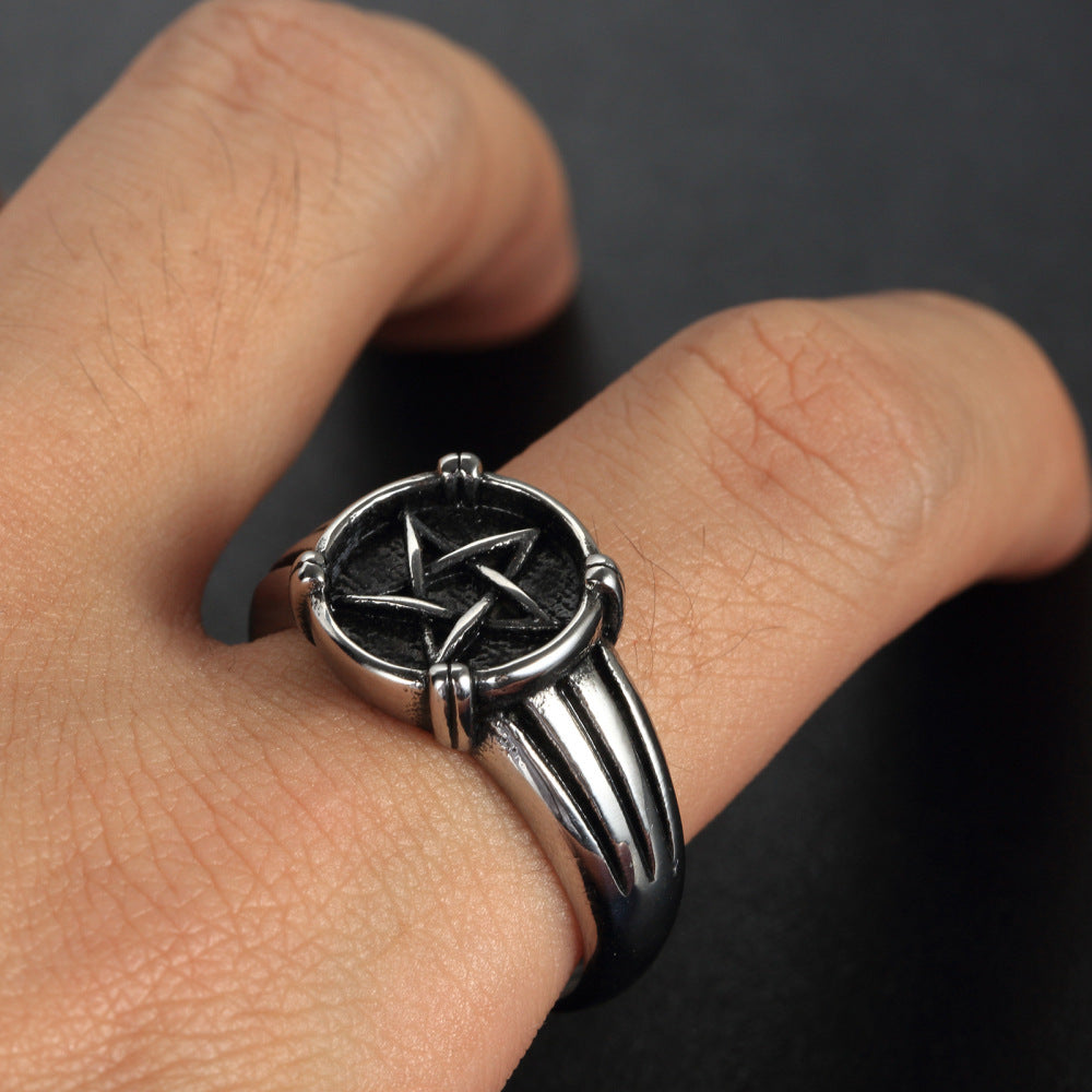 European And American Retro Men's Stainless Steel Pentagram Ring - FASHIONKULTUR