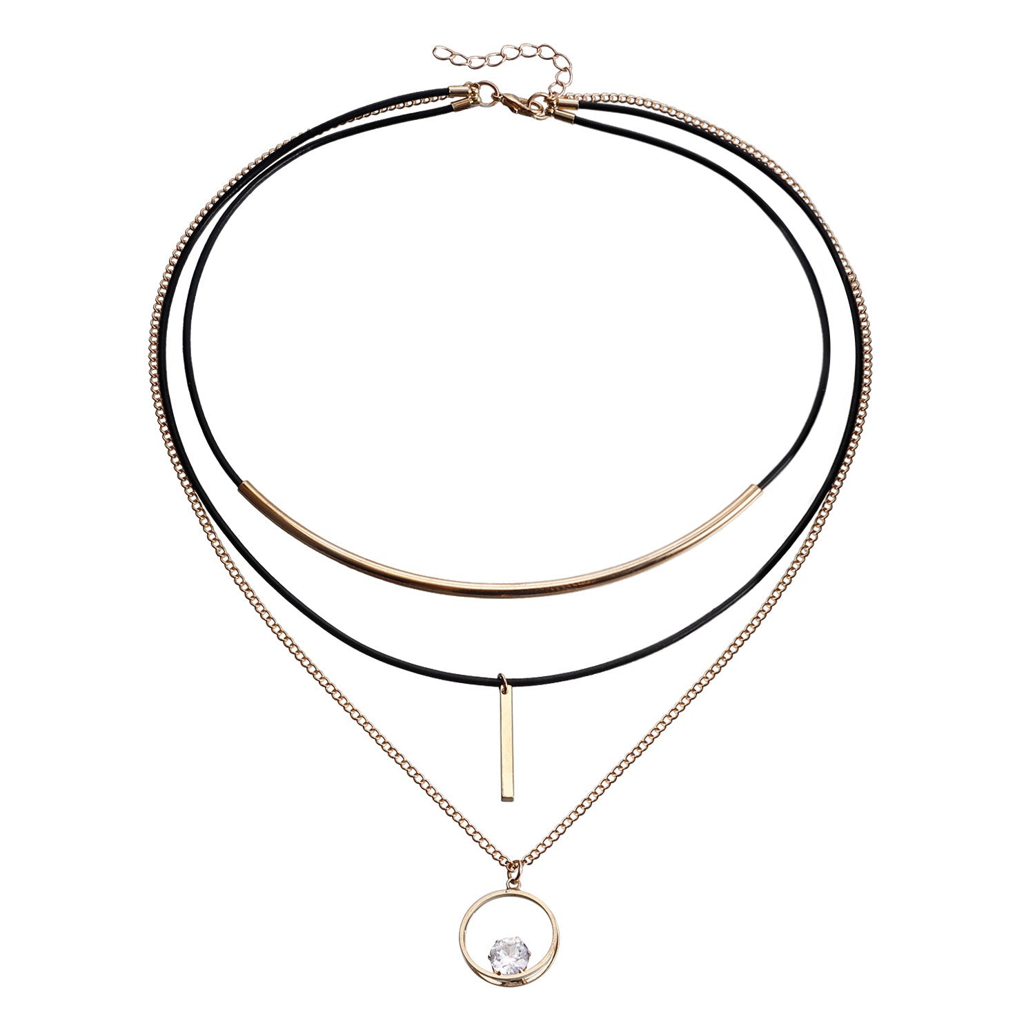 European And American Twin Multi-layer Cowhide String Geometric Triangle Zircon Pendant Necklace - FASHIONKULTUR