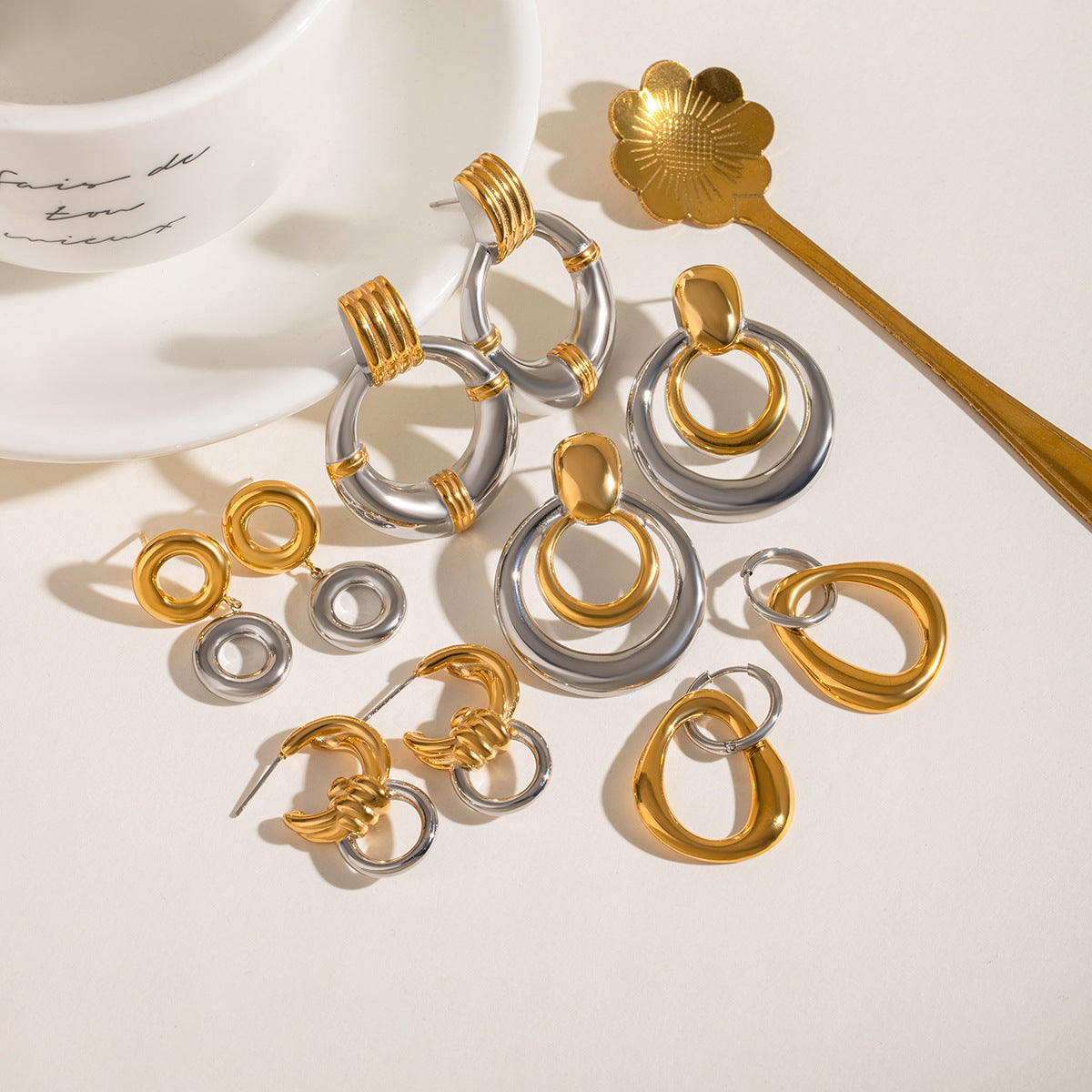 Stainless Steel Gold And Silver Color Matching Hollow Out Pendant Earrings - FASHIONKULTUR