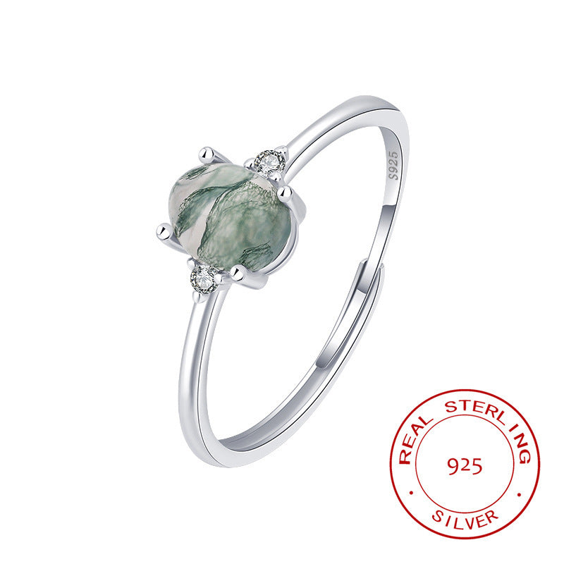 S925 Silver Green Moss Ring Water Plants Agate Female Finger Ring - FASHIONKULTUR