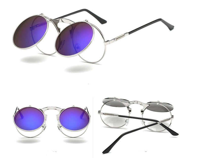 New Vintage Round Steampunk Sunglasses Flip-Up UV Protection Metal Frame Men And Women Summer Cycling Sun Glasses - FASHIONKULTUR