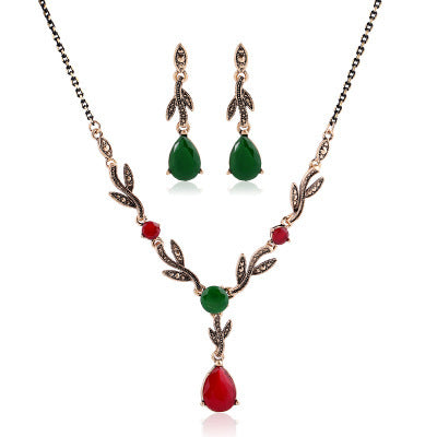 Leaf water drop resin gemstone pendant necklace - FASHIONKULTUR