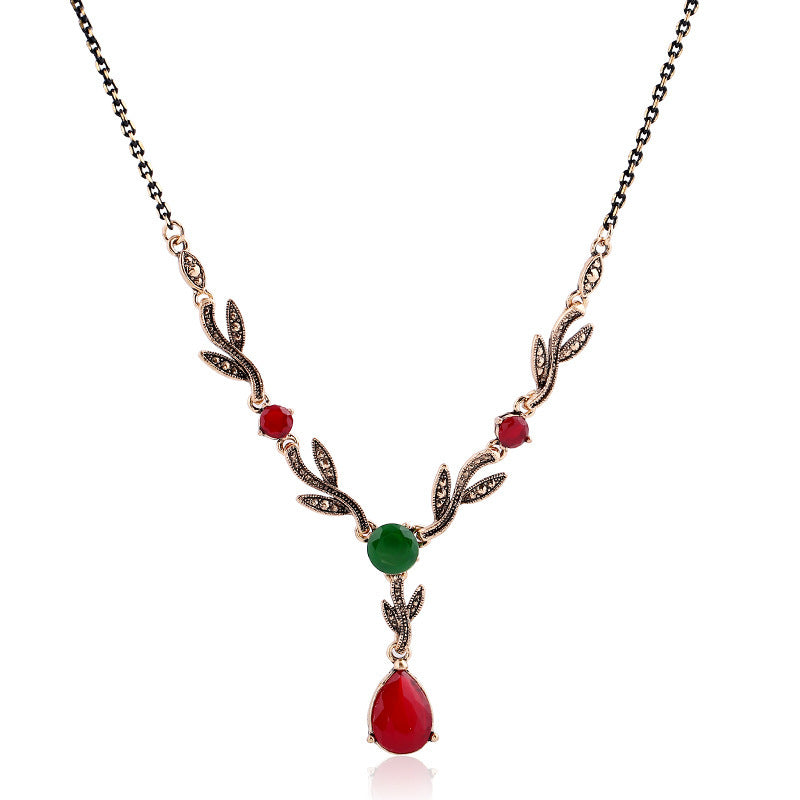 Leaf water drop resin gemstone pendant necklace - FASHIONKULTUR